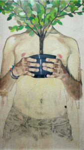 Pintura a óleo: Pensamento Vivo é Eterno e Ascendente, 2013 Óleo sobre tela, 69 x 120 cm Série O Corpo Árvore